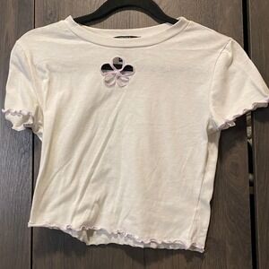 Forever 21 White Flower Cutout Baby Tee Lettuce Edge Ribbed Crop Top Small